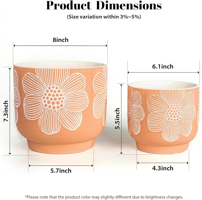 YBX 8 Inch + 6 Inch White Flower Pattern Plant Pots, Sand Glazed Ceramic Planter - Image 6