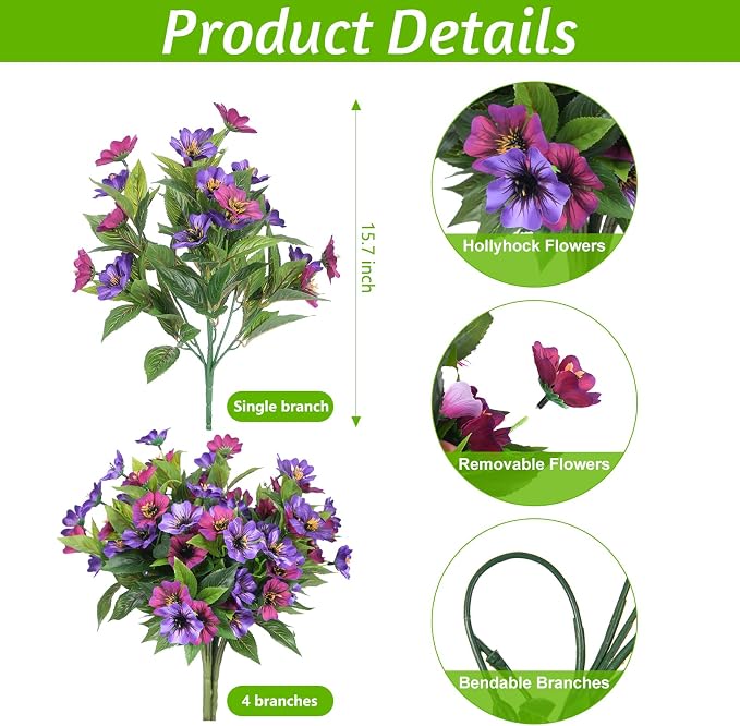 Fake Artificial Flowers for Outdoors Decoration, 4 Bundles Silk Faux Spring - Image 2