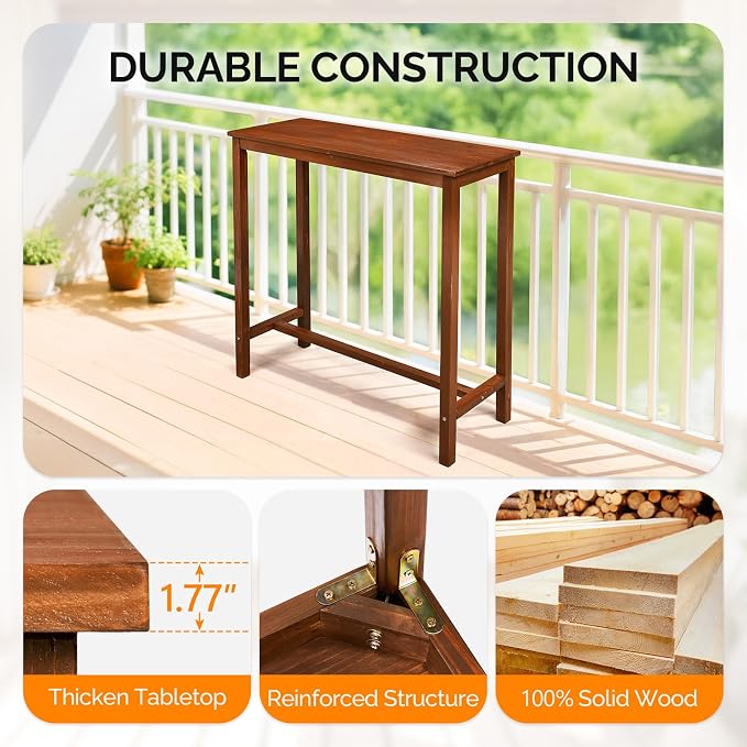 VINGLI Wooden Outdoor Bar Table, Wood Patio Counter Height Table, - Image 5
