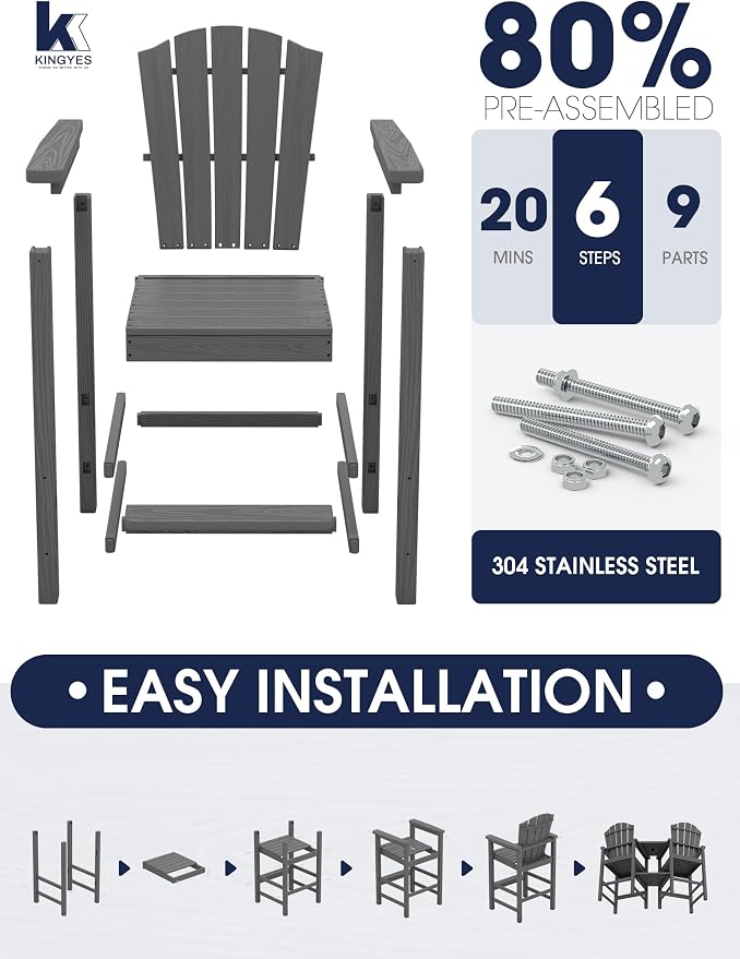 KINGYES Tall Adirondack Chairs Set of 4, All Weather Embossed Balcony Height - Image 5
