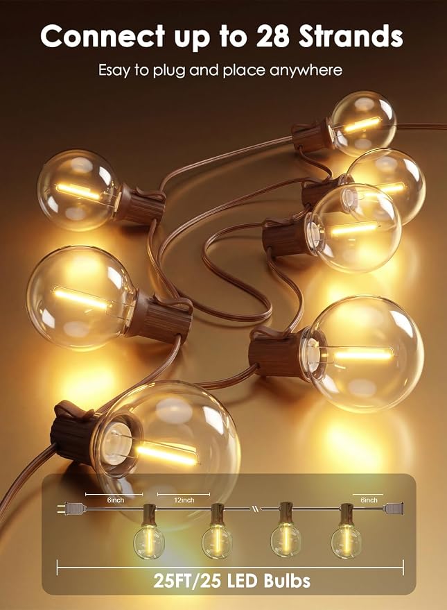 SUNSGNE 25FT Brown Outdoor String Lights, Shatterproof LED Globe String Lights - Image 2