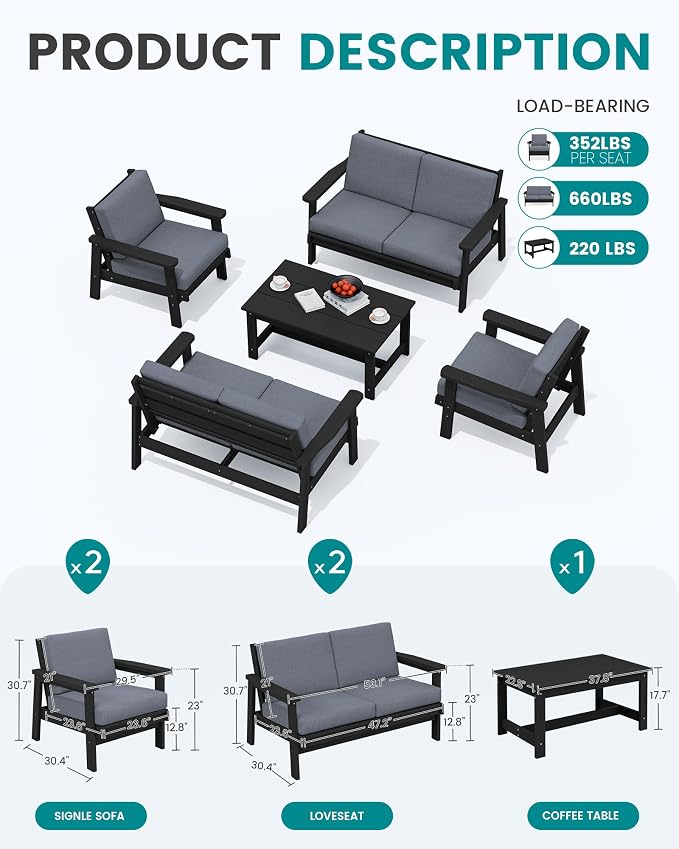 SERWALL HDPE Patio Furniture Set, 5 Piece All Weather Wood-Like Sectional - Image 2