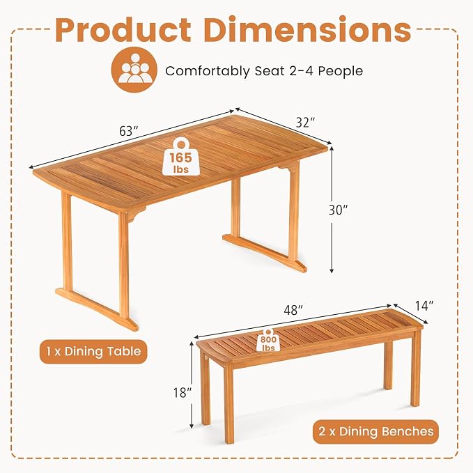 Tangkula 3 Piece Acacia Wood Patio Dining Table Set, Farmhouse Indoor Outdoor - Image 4