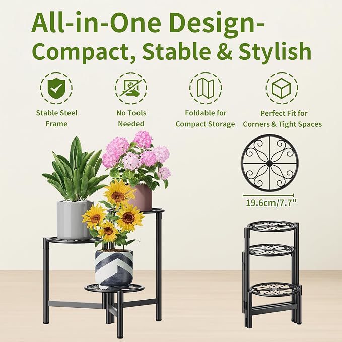 Metal Plant Stand Outdoor Indoor, 3 Tier Foldable Corner Tall Plant Shelf - Image 5