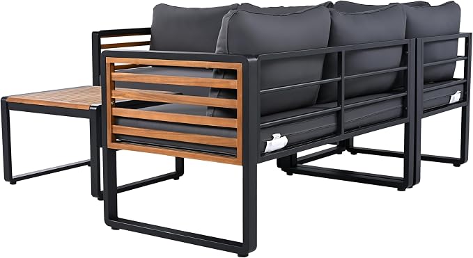 4 Pieces Outdoor Patio Conservation Set, Metal and Wood Frame Sectional - Image 4