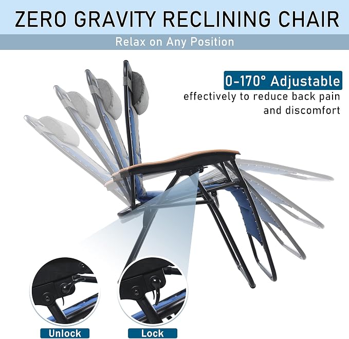 PHI VILLA XXL Oversized Padded Zero Gravity Chair Set of 2, Foldable Patio - Image 6