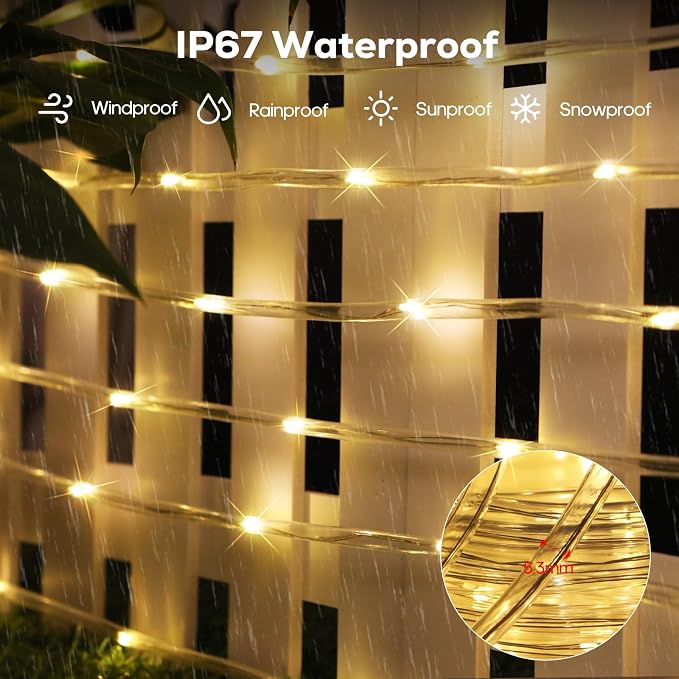 ICRGB Solar Rope Lights Outdoor, 66FT 200LED Christmas Fairy Light - Image 5