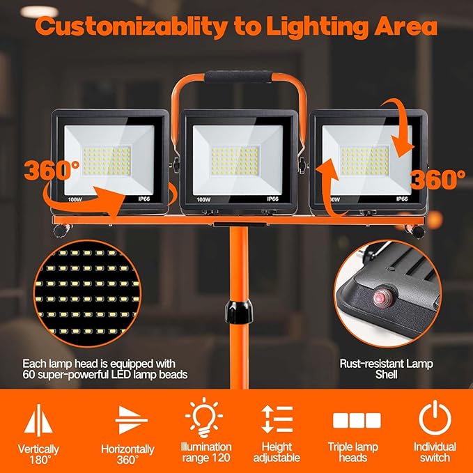 22000 Lumen Work Lights with Stand, 3 Head Portable LED Work Light, with - Image 2