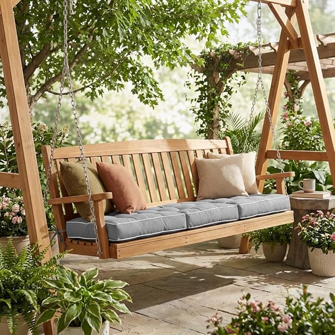 3 Seat 57 Inches Outdoor Porch Swing Cushions, Water-Resistant Tufted Patio - Image 2