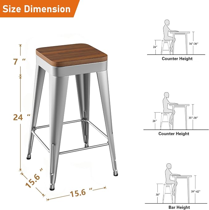 Bar Stools Set of 2 Metal Bar Stool Counter Height Bar Stools Sliver, Modern - Image 3