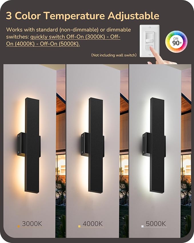 EDISHINE 2 Pack LED Outdoor Wall Lights Dimmable, 3000K 4000K 5000K, 15.7" - Image 4