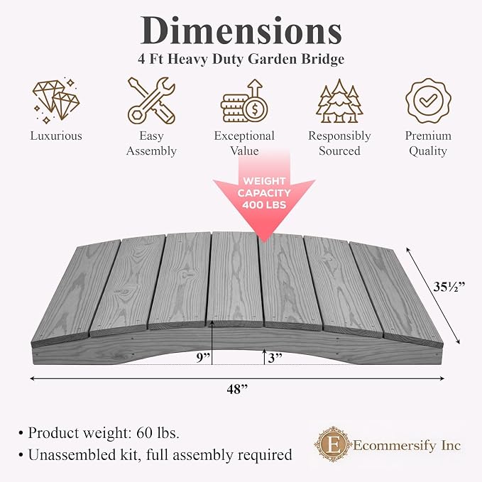 4 FT Grey Amish Made Pinewood Heavy Duty Garden Bridge - Image 2