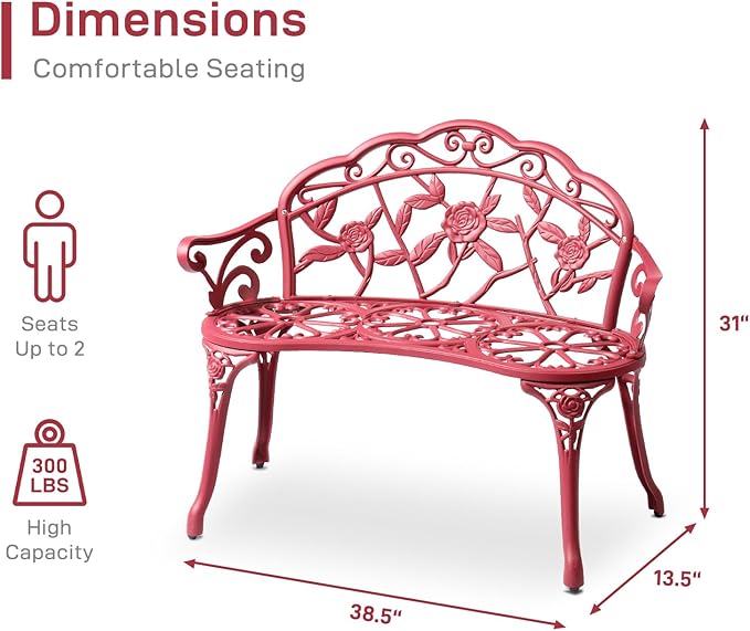 VINGLI 38.5" Patio Park Garden Outdoor Metal Rose Bench, 2-Person Cast Iron - Image 3