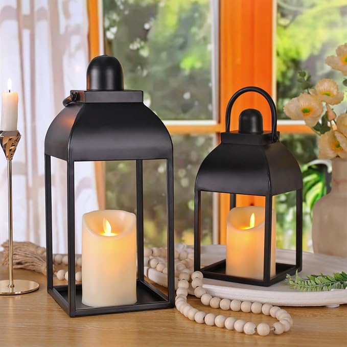 Lanterns Decorative Indoor Outdoor 15" 11" Set of 2 Lantern Decor Black Metal - Image 4