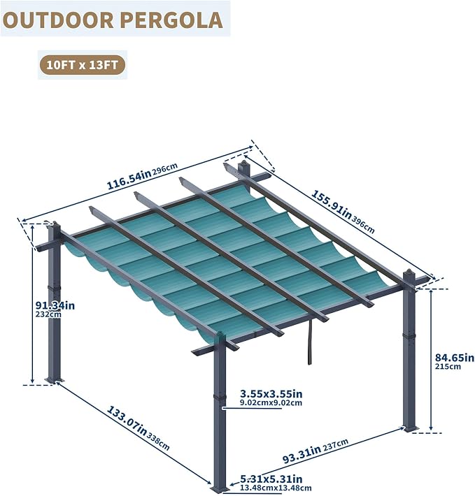 10x13 Ft Aluminum Pergola with Retractable Canopy Metal Gazebo - Image 3
