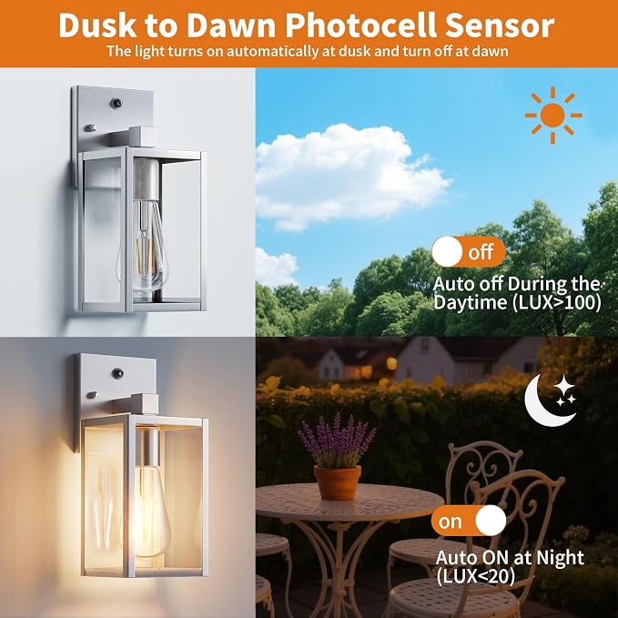 2 Pack Silver Dusk to Dawn Exterior Lighting Fixtures Wall Mount, Sensor - Image 2