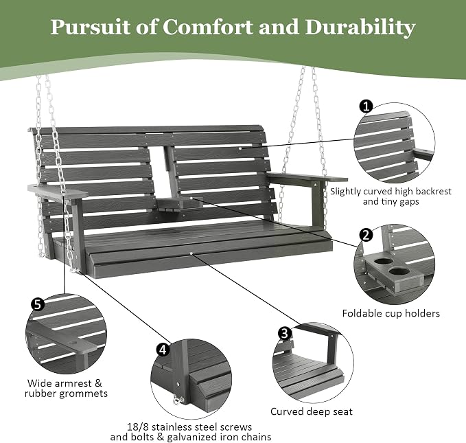 Poly Lumber 2-Seat Porch Swing, HIPS 4.5-Feet Bench Swing - Image 5