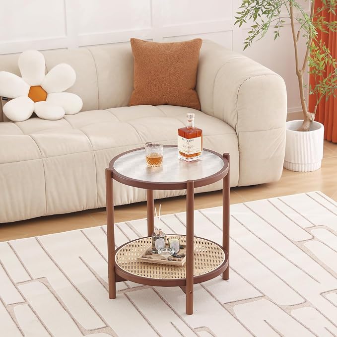 Tiita Rattan Nightstand Side Table, Bamboo Accent Bedside Tables, Glass Coffee - Image 2