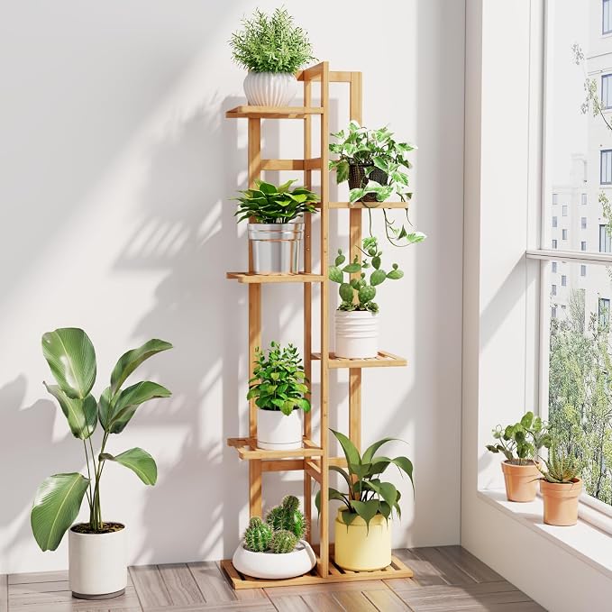 DolceLuna Plant Stand Indoor Corner, Tiered Bamboo Plant Shelf 46 Inch Tall - Image 8