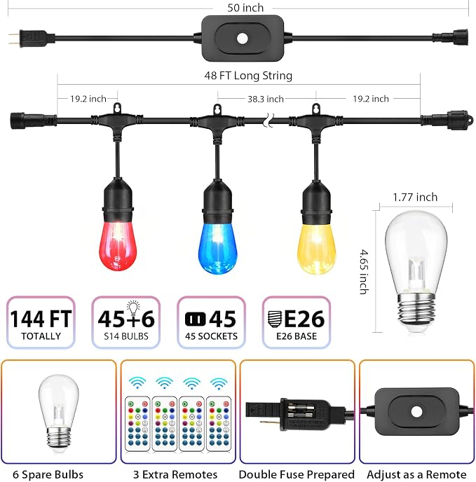 Mlambert 144Ft Multicolor Outdoor Patio Lights, Dimmable RGB Cafe String Lights - Image 2
