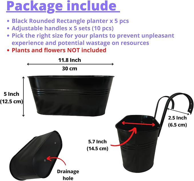 LaLaGreen Rail Planter Outdoor Plants Black Metal Iron Hanging Flower Pots Deck - Image 2