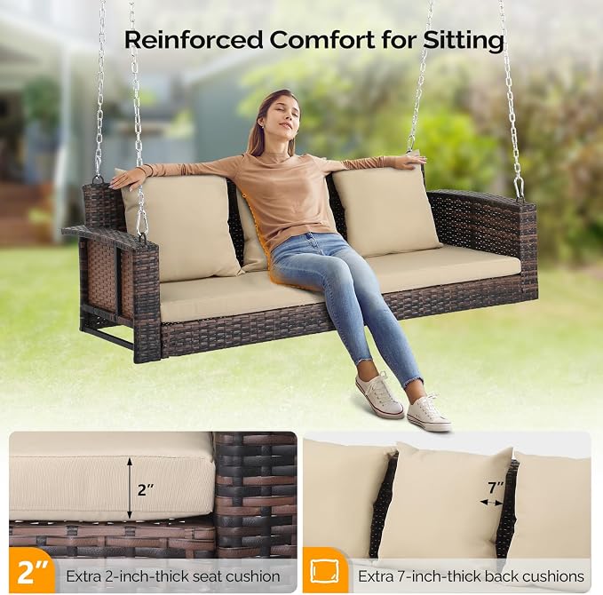 VINGLI Heavy Duty 800 LBS Wicker Hanging Porch Swing - Image 2