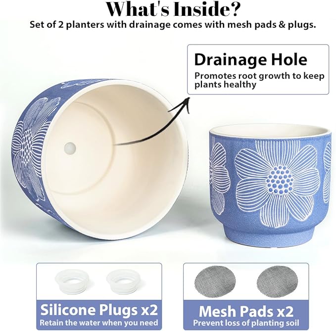 YBX 8 Inch + 6 Inch White Flower Pattern Plant Pots, Sand Glazed Ceramic Planter - Image 4