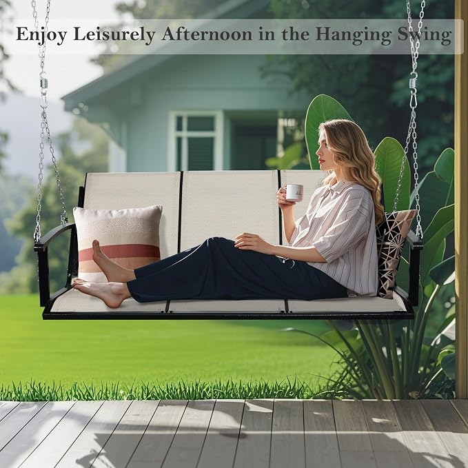 Textilene 3 Seat Hanging Swing, 5.2FT Patio Bench Swing, 660lbs Heavy Duty - Image 2