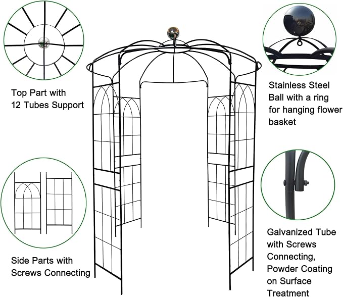 Metal Garden Arch Iron Arbor Gazebo High Birdcage Pergola Pavilion, Strong Wind - Image 3