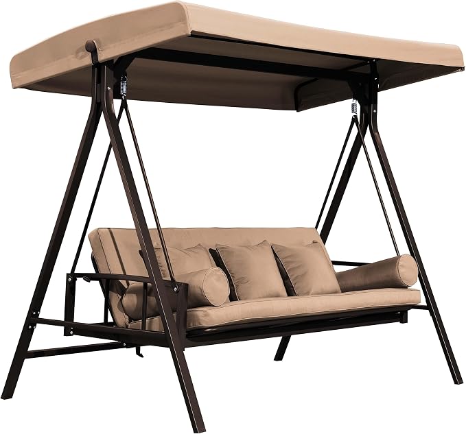 PURPLE LEAF Outdoor Patio Porch Swing Adjustable Backrest, 3-seat Swing Chair by PURPLELEAF