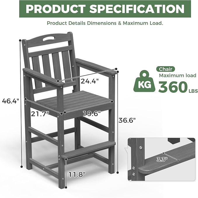 Outdoor Patio Bar Height Chair, All-Weather HDPE Tall Balcony Adirondack Stools - Image 4