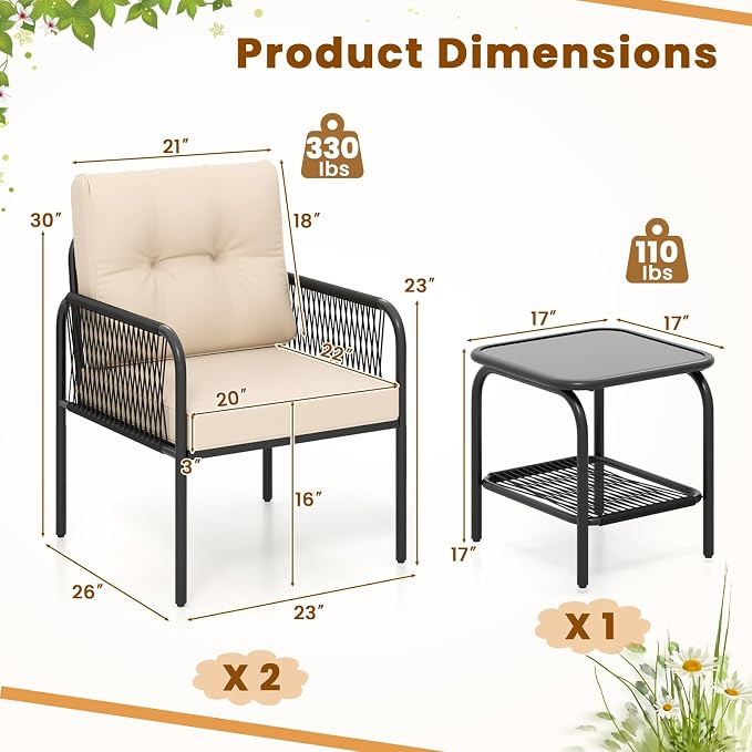 Tangkula 3 Pieces Patio Bistro Set, PE Rattan Furniture Set - Image 9