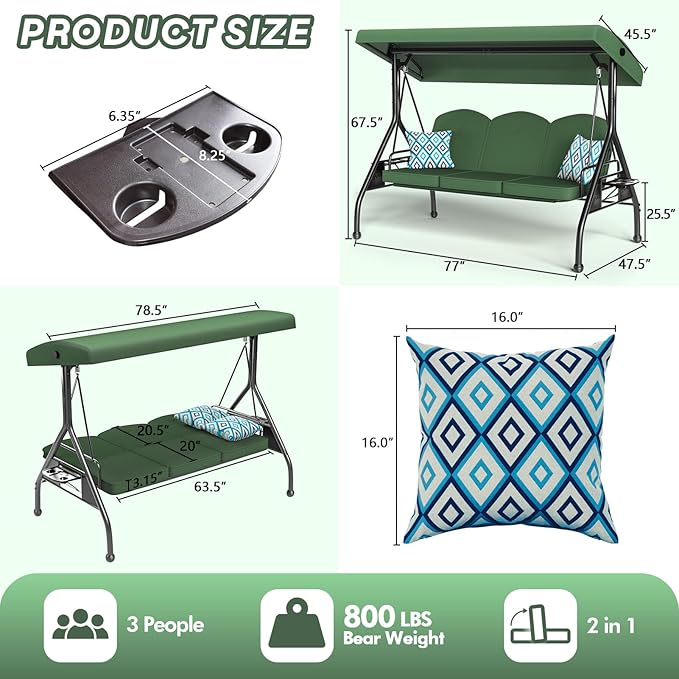 3 Seat Outdoor Porch Patio Swing - Image 7