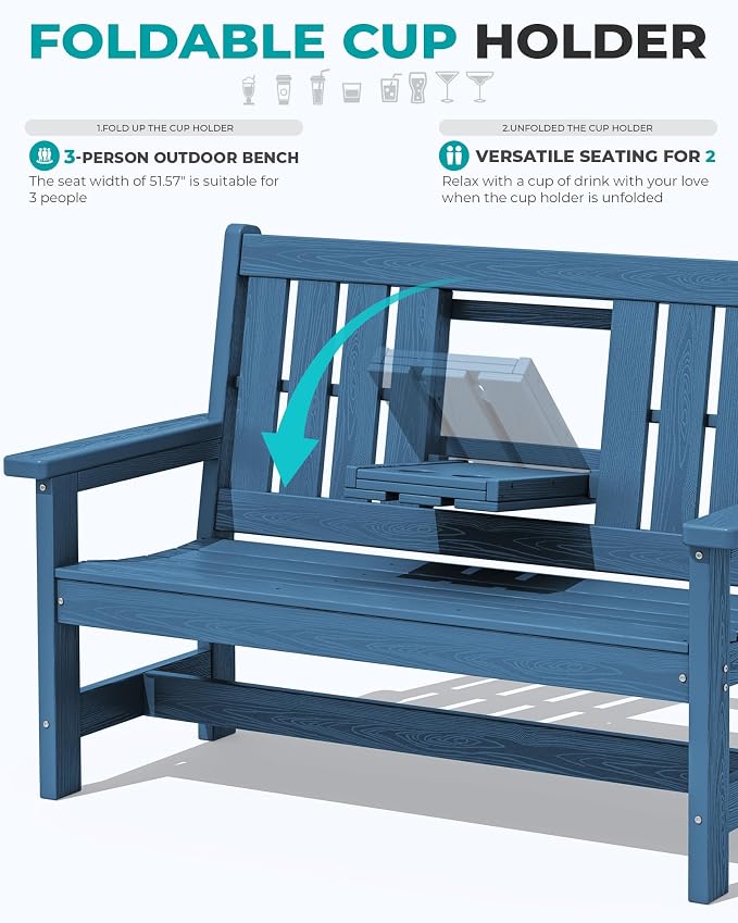 SERWALL Outdoor Bench with Cup Holder, All Weather Patio Benches with High - Image 6