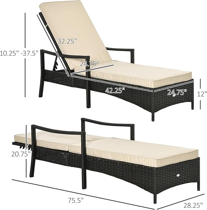 Outsunny Wicker Chaise Lounge, 4 Position Adjustable Backrest and Cushions - Image 3
