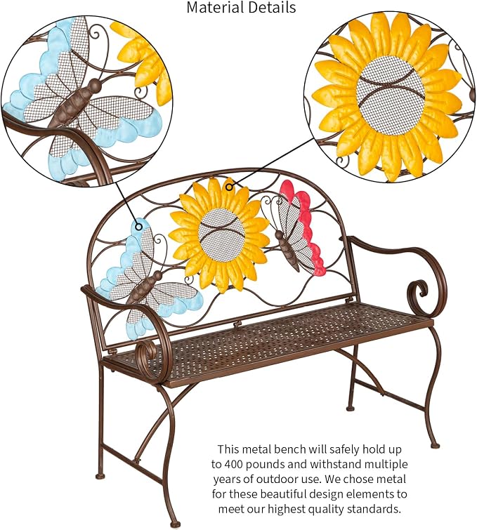 Evergreen Garden Sunflower Garden Bench Outdoors & Indoors | Cast Iron Metal - Image 6