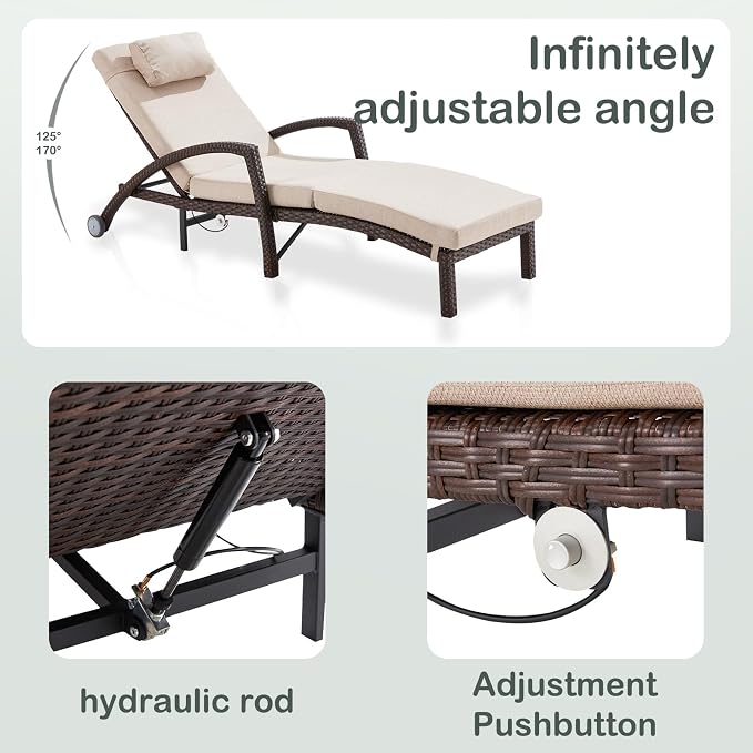 Outdoor Lounge Chairs Set of 4, Hydraulic Adjustable Outdoor Chaise Lounge - Image 4