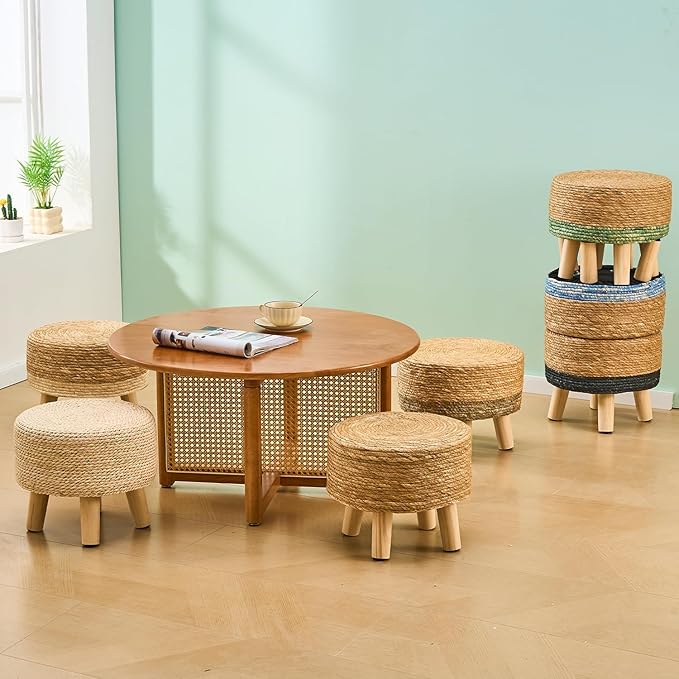 Cpintltr Ottoman Natural Seagrass Footrest Poufs Hand Weave Round Foot Stool - Image 7