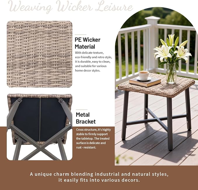 Outdoor Wicker Side Table Small Square Patio Rattan Coffee Table Adopt Sturdy - Image 4