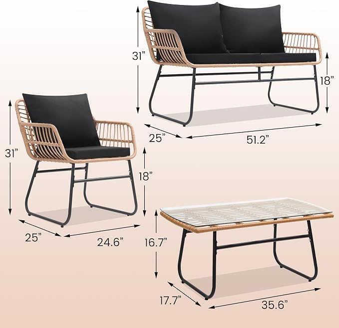 Kromax 4 Piece Patio Bistro Outdoor Furniture Set, Wicker Sofa, 2 Rattan Chairs - Image 6