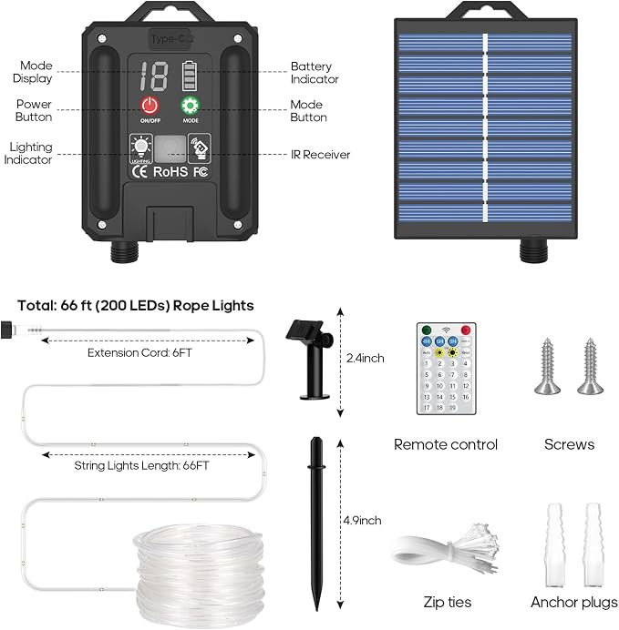 ICRGB Solar Lights Outdoor, 66FT 200LED 1800mah Solar Rope Lights - Image 9