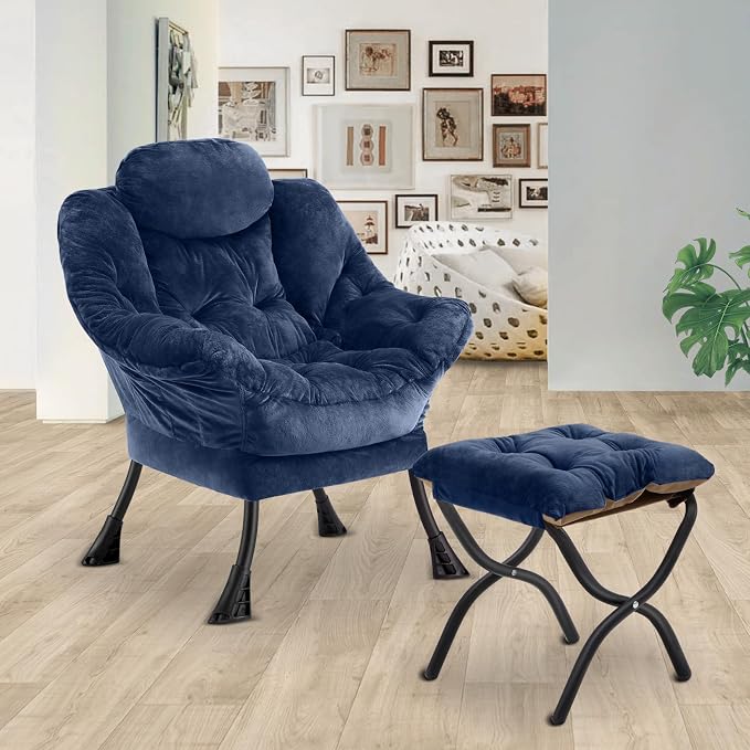 Lazy Chair with Folding Ottoman, Leisure Sofa Chair, Soft Fabric Armchair with - Image 2