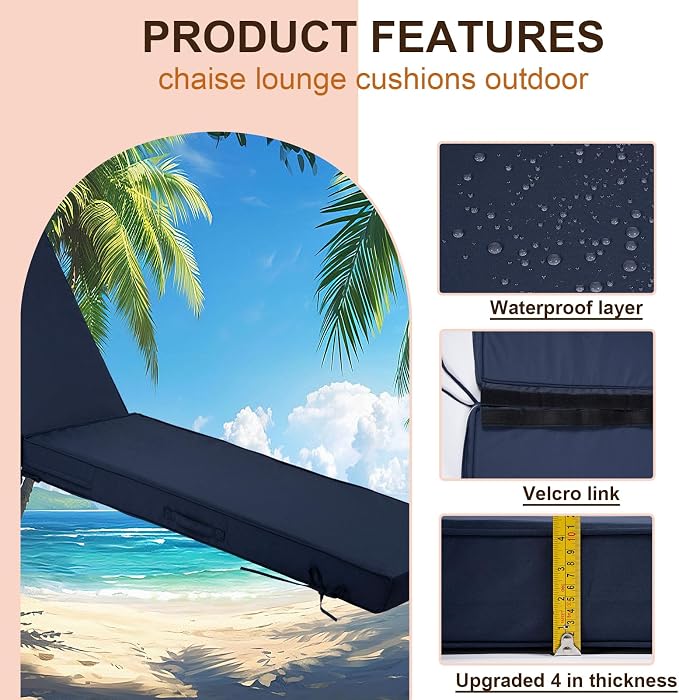 Outdoor Chaise Lounge Cushions, 4 Inch Thick Waterproof Fade Resistant Patio - Image 2