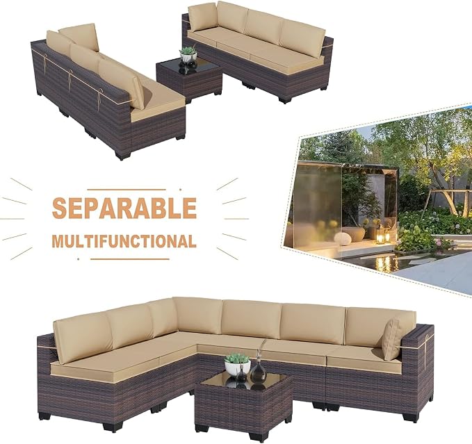 Kullavik 7 Pieces Outdoor Patio Furniture Set PE Wicker Rattan Sectional Sofa - Image 4