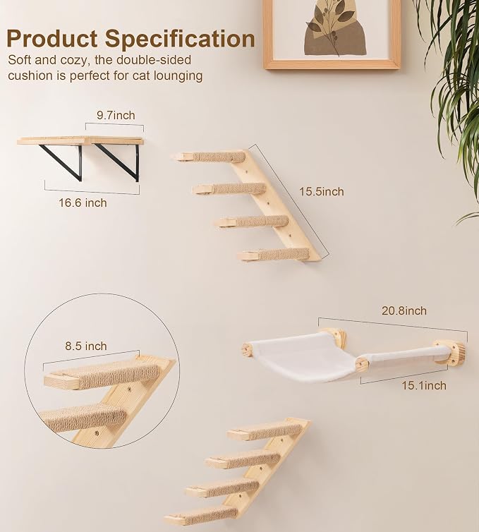 Cat Wall Hammock Set of 4 – 1 Floating Fabric Hammock, 2 Ladders - Image 8