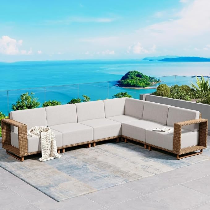 L Shaped Patio Furniture, Outdoor Rattan Wicker Sectional Sofa by SUNSHINEVALLEY