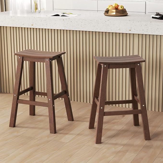 Tangkula Patio Bar Stools Set of 2, 29 Inch HDPE Bar Height Armless Saddle - Image 4