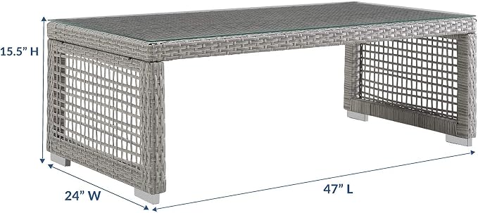 Modway Aura Wicker Rattan Outdoor Patio Tempered Glass Coffee Table in Gray - Image 3