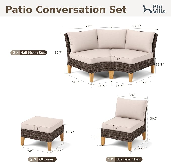 PHI VILLA 5-Piece Wicker Patio Furniture Set, Outdoor Sectional Sofa - Image 2