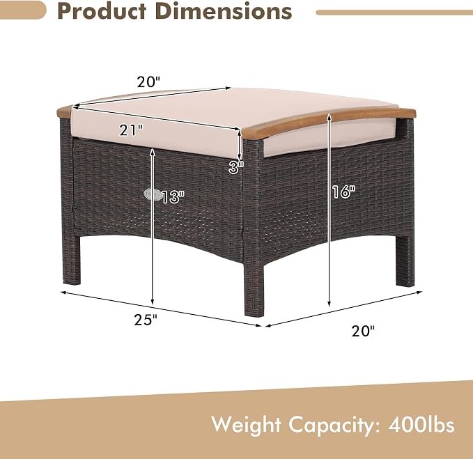 Tangkula 2 Piece Patio Rattan Ottomans, Outdoor Wicker Footstool w/Acacia Wood - Image 4